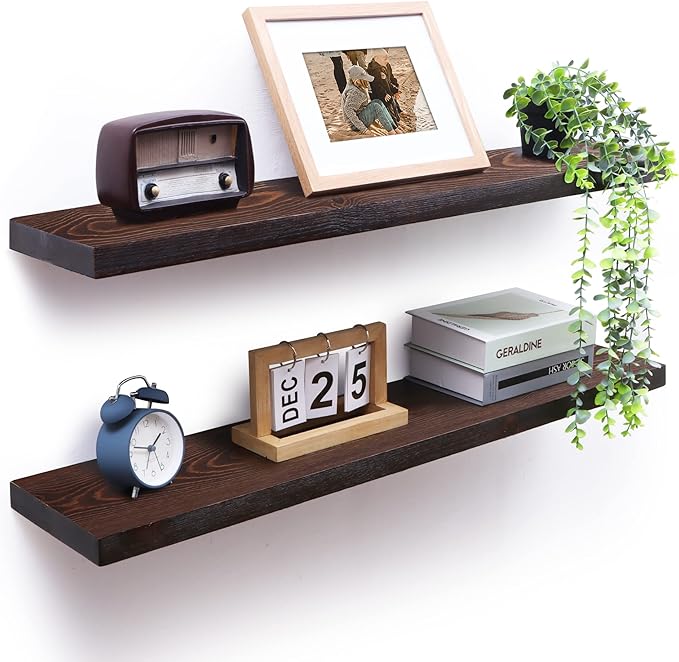 Axeman Floating Shelves for Wall Set of 2-36 Inch Wide x 8 Inch Deep Solid Pine Wood Shelves for Wall - Rustic Floating Wood Shelves for Living Room Bedroom Laundry Room Farmhouse, Dark Walnut