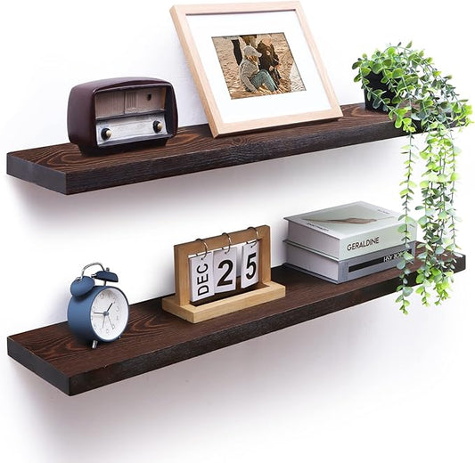 Axeman Floating Shelves for Wall Set of 2-36 Inch Wide x 8 Inch Deep Solid Pine Wood Shelves for Wall - Rustic Floating Wood Shelves for Living Room Bedroom Laundry Room Farmhouse, Dark Walnut