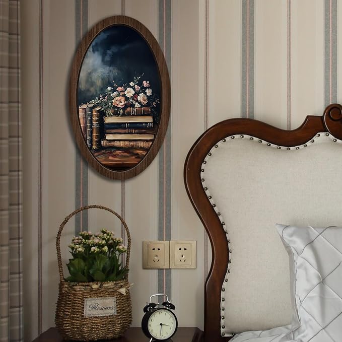 UYIKG Vintage Dark Academia Oval Wall Art Decor,Floral Book Oil Painting Art Wooden Framed Decor,Farmhouse Oval Wooden Wall Decorations for Theme Room Home Bedroom Living Room Reading Room 9x14.6 in