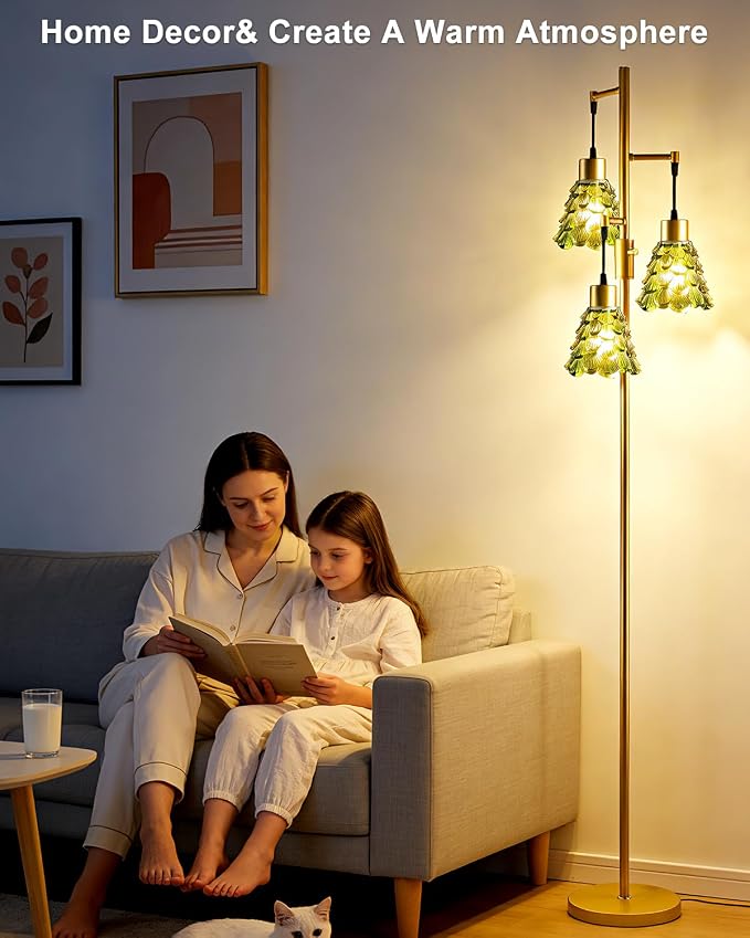 3-Light Modern Glass Floor Lamp, Gold Standing Tall Lamp with Green Pinecone Glass Shade for Reading, Dimmable LED Floor Lamp with 5Lbs Heavy Base for Living Room Bedroom Home Decor, Bulb Included