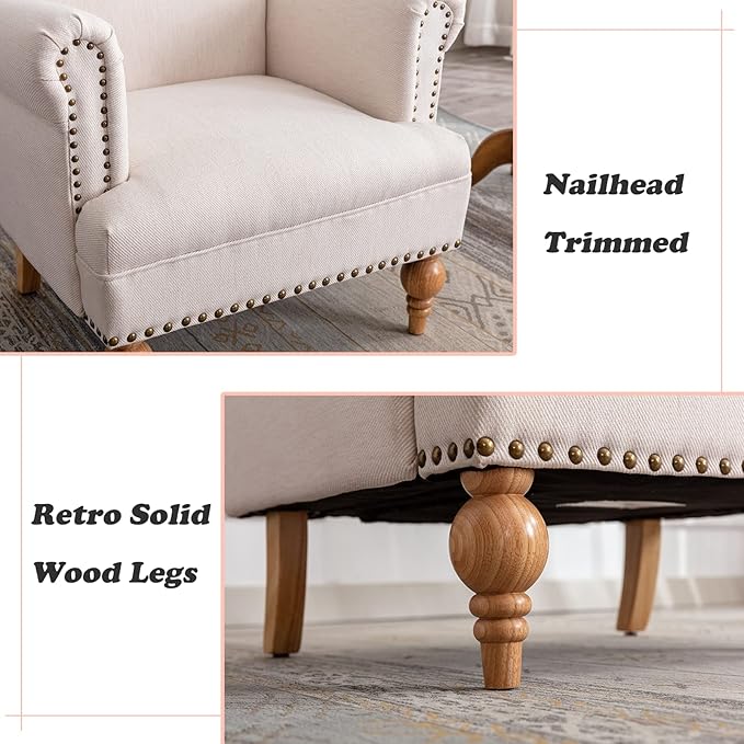 Linen Accent Chairs Set of 2 Mid-Century Modern Living Room Armchair with Nailhead Trim & Wood Legs Comfy Upholstered Single Sofa Chair for Lounge/Bedroom/Reception, Cream
