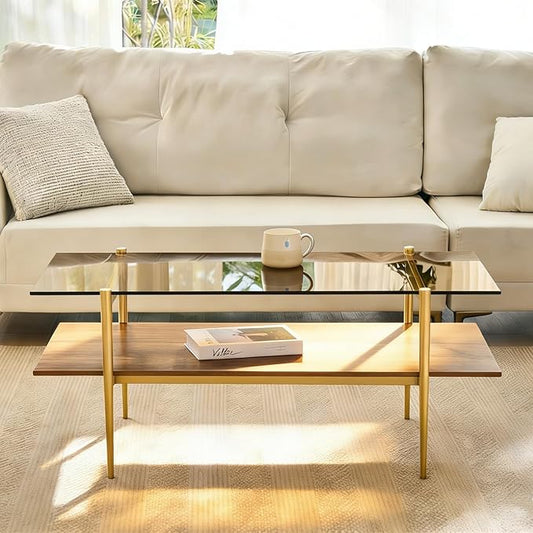 Shrine Rectangle Coffee Table, Mid-Century Modern Design, 2-Tier Structure, Amber Glass Top and Walnut MDF Shelf, 41" D x 21" W x 17" H, Sleek Conical Metal Legs with Gold Finish