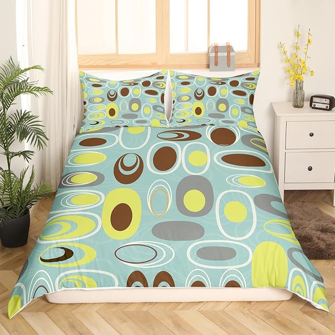 Erosebridal Teal Minimalist Bedding Sets Twin Geometric Circles Comforter Cover, Abstract Spiral Swirl Bed Set Geometric Stripes Duvet Cover, Modern Aesthetic Quilt Cover Room Decor (Zipper Closure)