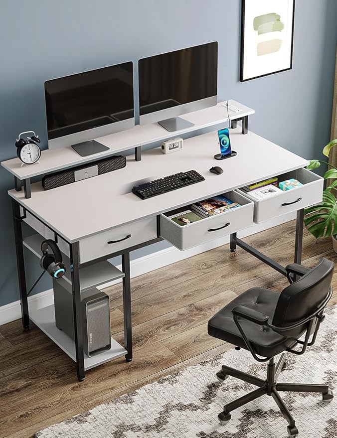 Rolanstar Computer Desk with Power Outlets & LED Light, 55 inch Home Office Desk with Drawers and Storage Shelves, Writing Desk with Monitor Stand, Modern Work Study Desk for Home Office, White