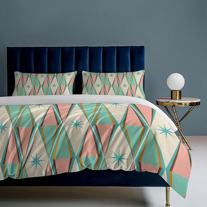 Mid Century Duvet Cover Sets Modern Mid Century Retro Grid Printed Lightweight Soft Quilt Cover Geometric Minimalist Abstract Soft Microfiber 3 Piece (1 Duvet Cover 90x102in + 2 Pillow Sham 20x30in)