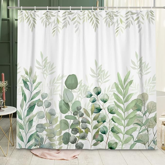 Sage Green Eucalyptus Shower Curtain Leaf Plant Herbs Spring Nature Waterproof Fabric Machine Washable with Hooks for Bathroom Bathtub Decor 72x72