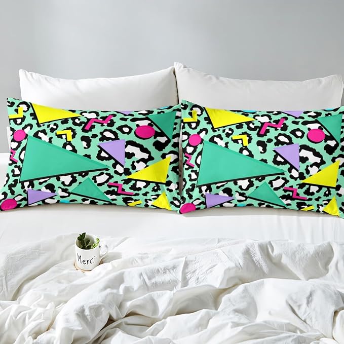 Retro 80s 90s Bedding Set Twin,Abstract Geometric Duvet Cover Urban Modern Circles And Triangle Comforter Cover Colorful Pop Art Inspired Pattern Quilt Cover Mens Hipster Hip-Hop Room Decor