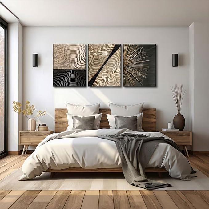 3Pcs Retro Wood grain Abstract Canvas Wall Art Minimalist Black Golden Line Texture Wall Decor Pictures Neutral Geometric Beige Brown Poster Prints for Living Room Bedroom Home Decoration 16x24in