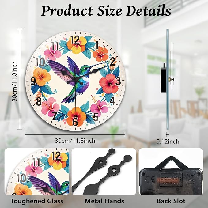 peacoblue Wall Clocks Battery Operated 12 Inch Hummingbird and Flowers Glass Round Wall Clock Non Ticking for Kitchen Living Room Dining Room Bedroom and Bathroom Decor (Battery not Included)