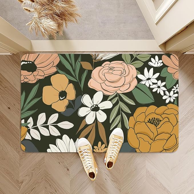 Bath Mat Rug,Vintage Large Floral Non Slip Quick Dry Super Absorbent Thin Bathroom Rugs Fit Under Door-Easy to Clean Bathroom Floor Mats-Shower Rug for Shower Sink Bathtub(20" x 31"in)