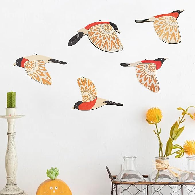EMINGSKY 5 Pcs Wooden Bird Wall Art Wood Flying Birds Wall Decor Boho Rustic Folk Art Home Decor for Gift Living Room Bedroom Kitchen Office (Orange)