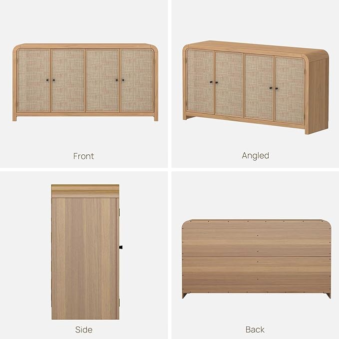 Oak&Sparrow Oak Sideboard Buffet Cabinet with Storage, 60'' Boho Buffets & Sideboards with Adjustable Shelves, Rattan Sideboard Cabinet with 4 Doors for Living Room, Hallway & Kitchen
