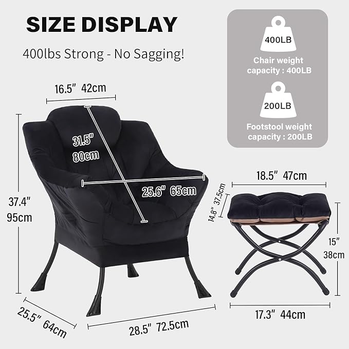 Tiita Lazy Chair with Ottoman, Black Modern Large Accent Chair, Comfy Leisure Sofa Armchair with Ottoman, Reading Chair with Footrest for Bedroom, Living Room, Dorm Rooms, Velvet Black