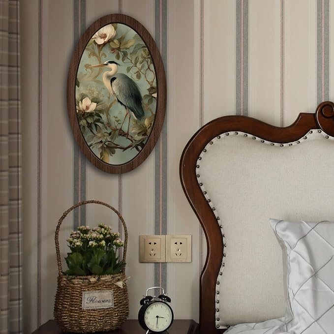 UYIKG Vintage Bird Oval Framed Wall Art,Cottagecore Floral Heron Oval Wall Decor,Rustic Farmhouse Blue Heron Art Wooden Framed Decor for Home Bedroom Living Room Reading Room Kitchen 9x14.6 in