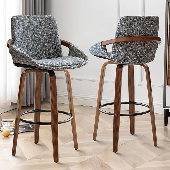 LUNLING 29.5" Bar Height Barstools Set of 2,Mid Century Modern Retro Bar Chairs Charcoal Gray Linen Look Fabric Upholstered and Walnut Wood Frame for Home Bar Furniture(Light Grey)
