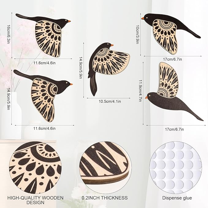 flangairy Bird Wall Decor, 5 Pcs Wooden Birds Wall Art, Rustic Folk Art for Home Office Kitchen Bathroom Living Room Bedroom Boho Decor(Black)