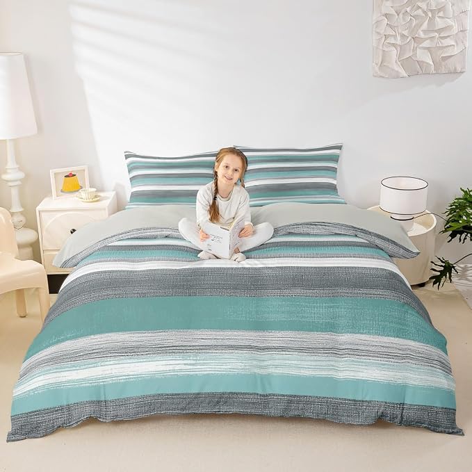 Erosebridal Grey White Teal Bedding Sets Twin Abstract Art Comforter Cover, Geometric Stripe Bed Set Grunge Aesthetic Duvet Cover, Boho Hippie Modern Quilt Cover 2pcs with 1 Pillow Case