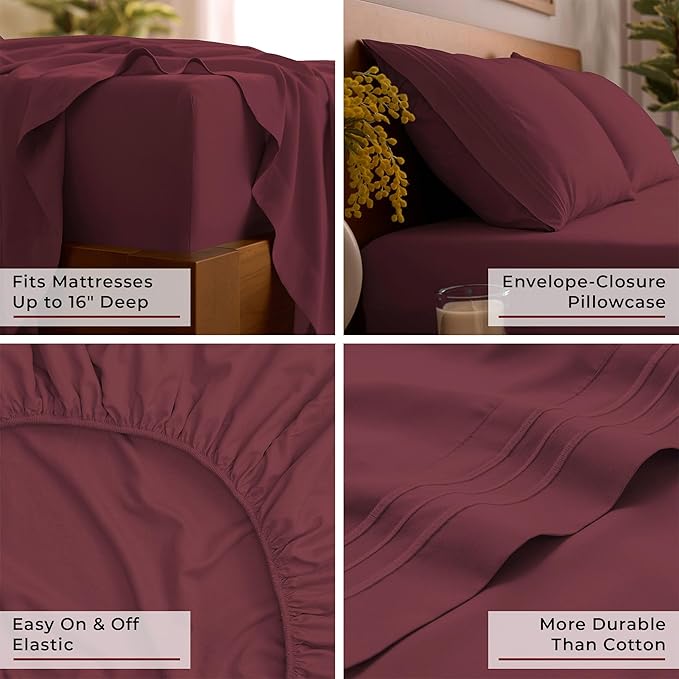 Mellanni Full Sheets Set - 4 PC Iconic Collection Bedding - Hotel Luxury, Extra Soft, Cooling Bed Sheets - Wrinkle, Fade, Stain Resistant (Full, Burgundy)