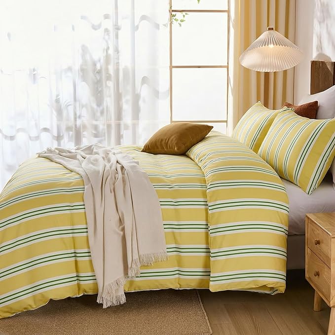 Merryword Striped Duvet Cover Set Queen Size - 100% Cotton Duvet Cover Set, Yellow Ribbon Stripes Pattern Comforter Cover 3 Pieces, Soft Linen Like Bedding Set for All Seasons