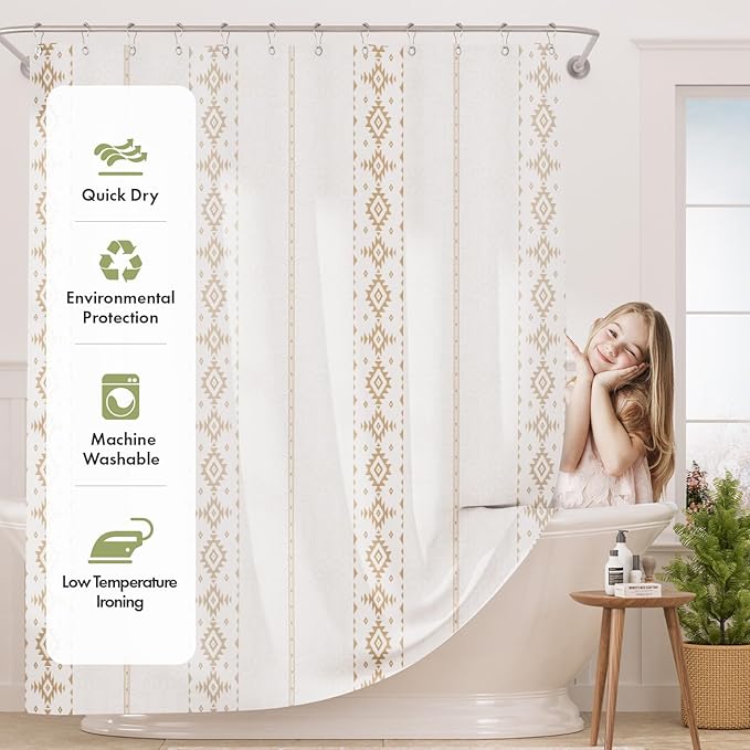 AmazerBath Boho Shower Curtain, Boho Cloth Shower Curtain with 12 Hooks, Hotel Quality Washable Rustic Farmhouse Polyester Fabric Bathroom Shower Curtain Set, 72x72 Inches