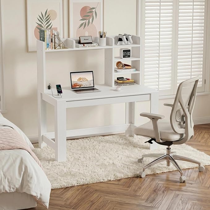 WINAZ White Computer Desk with Hutch and Power Outlet - 43 Inch Small Space Study Writing Table with Storage Shelves Monitor Stand, Modern Home Office Workstation Desks for Bedroom, Easy Assembly