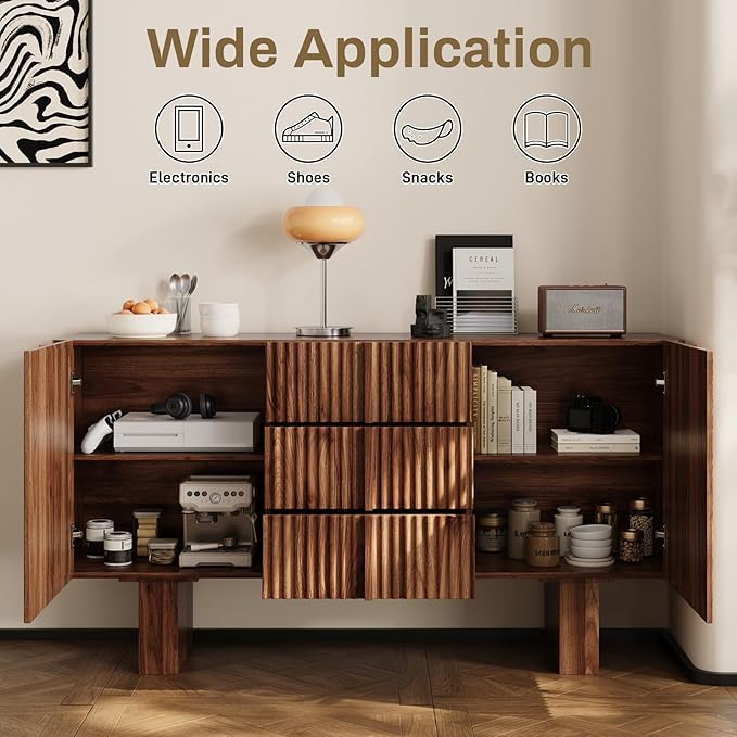 Rophefx 63" Buffet Cabinets with Storage, Wood Side Cabinet with 3 Drawers & 2 Doors, Mid-Century Modern Buffet Table with Anti-Tip Device & Foot Pads for Kitchen, Living Room, Dining Room（Walnut ）
