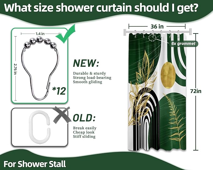 Olive Green and Gold Shower Curtain Boho Mid Century Modern Hunter Green Shower Curtains for Bathroom Decor Sets, Waterproof Cloth Fabric with Hooks 36x72in