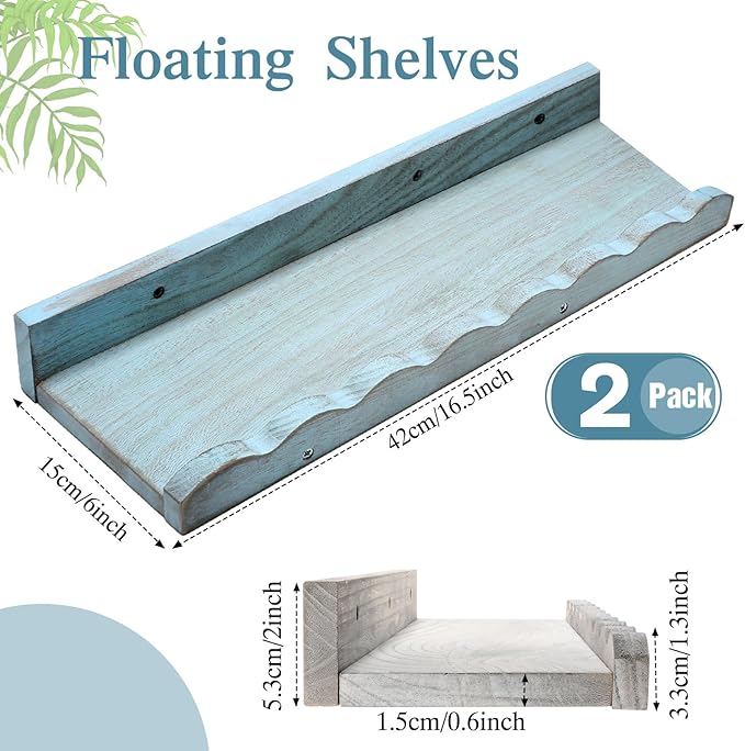Suzile 2 Pcs Scalloped Shelves Wall Floating Shelves Set for Room, Bathroom, Bedroom, Cute Room Decor Aesthetic and Books, Toys, Photo Frames Storage(16.5",White, Blue)