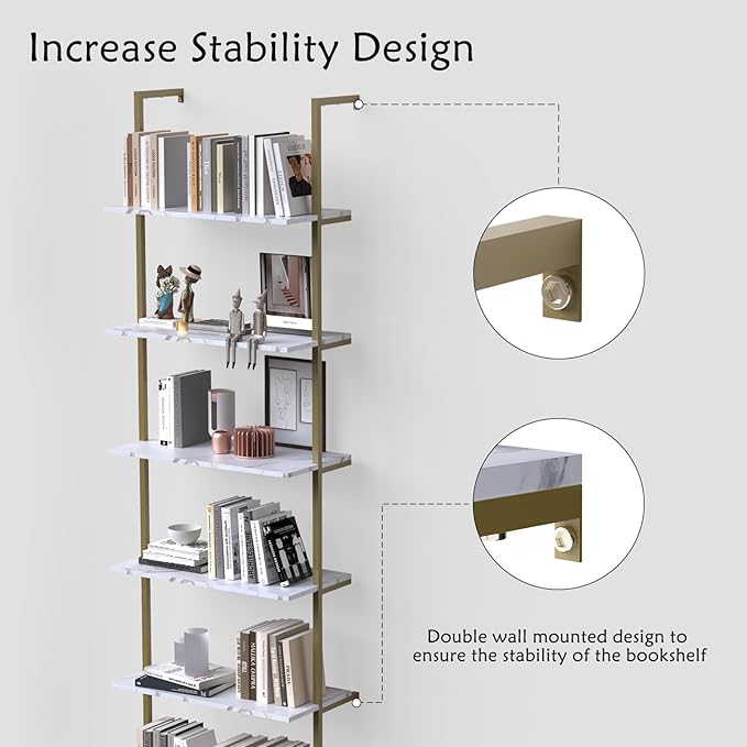 aboxoo Ladder Shelf 6-Tier Bookshelf,White Faux Marble Shelves Wall Mounted Bookshelf Open Storage Rack Display Shelf Plant Stand for Living Room Kitchen Home Office Bedroom