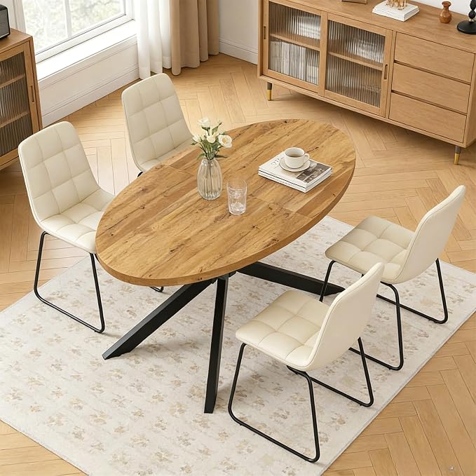 63"-78.7" Extendable Round Dining Table Set for 4, 5 Piece Mid Century Modern Oval Kitchen Table Set, Large Dining Table with 4 Dining Chairs for Living Room Space Saving（Walnut Table+4 Beige Chairs)