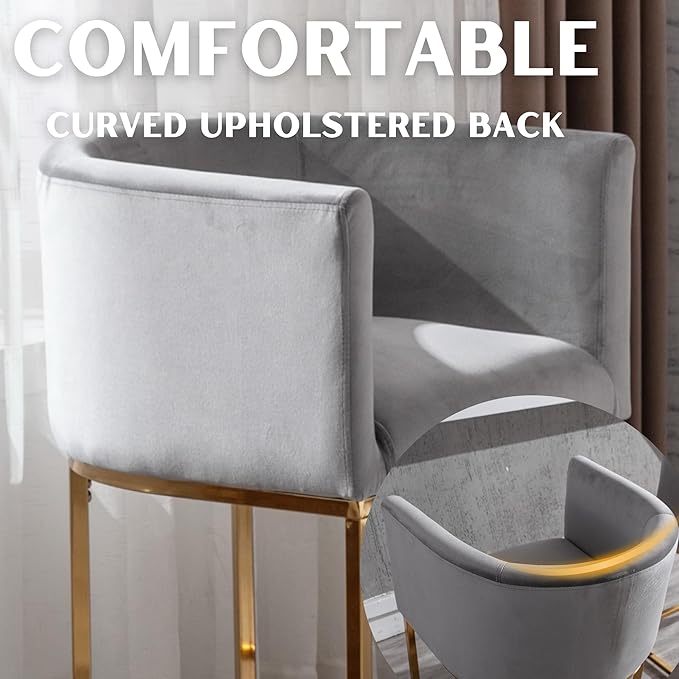 Contemporary Grey Velvet Bar Stools Set of 4, 24" Upholstered Fabric Counter Height Barstools Kitchen Counter Island Stools with Screwed Together Golden Metal Base