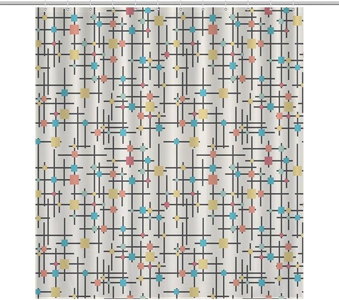 Mid Century Shower Curtain,Retro Atomic Geometric Abstract Iconic Pattern Bathroom Curtain Polyester Waterproof Fabric Decor 66x72in（168x183cm）