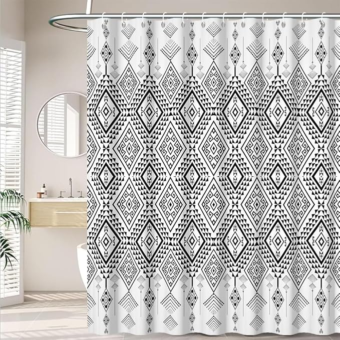 Bohemian Shower Curtain for Bathroom Black and White Geometric Pattern Shower Curtains Modern Abstract Minimalist Bathroom Decor Set Washable Waterproof Polyester Fabric with Hooks 54x72 Inch