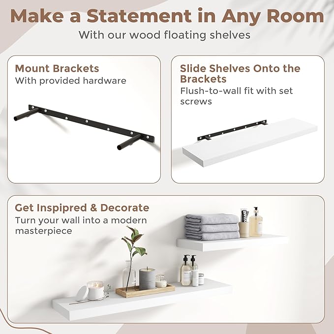 Floating Shelves for Wall with Invisible Brackets, Wall Mounted Engineered Wood Shelves with Wood Grain for Living Room, Bedroom, Bathroom, Kitchen Decor and Storage, Oak, 24"L Set of 2, White