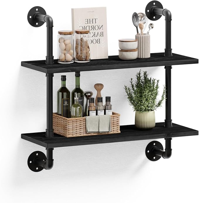 HDDFER Bathroom Floating Shelves for Wall - Industrial Pipe Shelving Shelves Wall Mounted Shelf 24 in Over Toilet Farmhouse Home Decor Display Bookshelf Black
