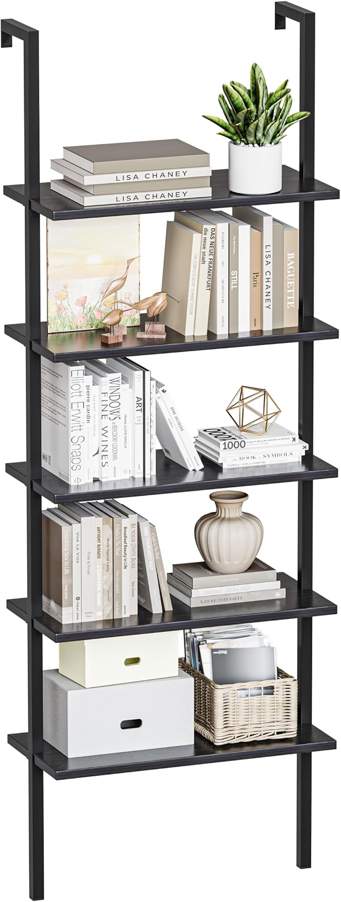Furmax 5-Tier Bookshelf, Wall Mount Ladder Shelf with Wood Board and Industrial Metal Frame, for Home Office, Living Room, Bedroom, Entryway and Hallway, (1, Black)