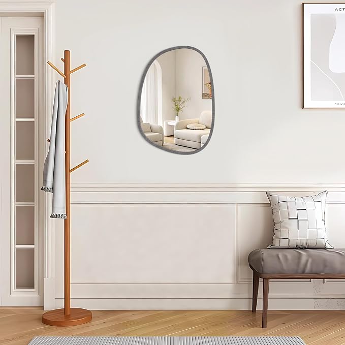 Asymmetrical Mirror for Wall Decor Small Modern Wooden Framed Wall Mirror Unique Shape Wall Mounted Vanity Artistic Oval Mirror Decorative for Bedroom Bathroom Living Room Entryway