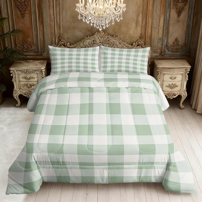 Farmhouse Plaid Cal King Size Comforter Sets 3 Piece, Green Buffalo Check Printed Pattern, Soft All Season Bed Comforter & 2 Pillow Sham, Checkered Bedroom Decor Reversible Bedding D-GM21