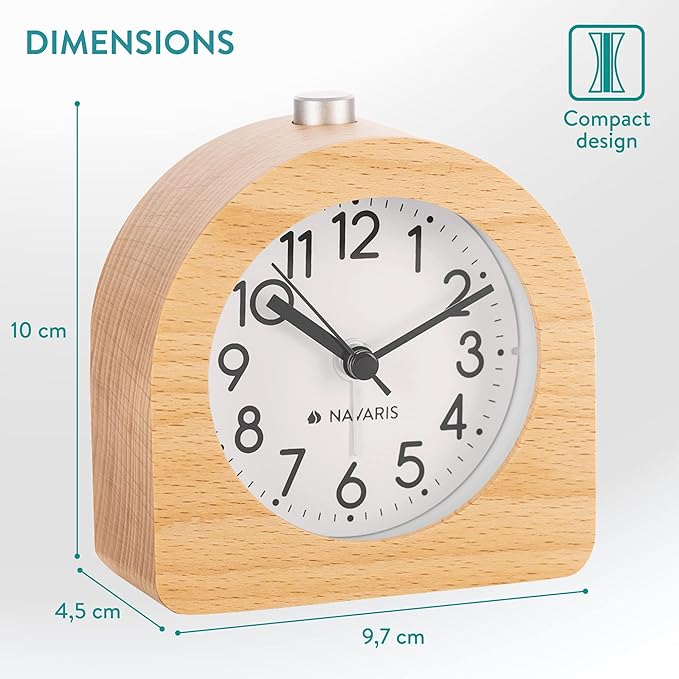 Navaris Wood Analog Alarm Clock - Half-Round Battery-Operated Non-Ticking Clock with Snooze Button and Light - Light Brown