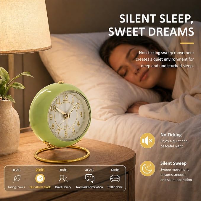 AYRELY® Battery Operated Desk Alarm Clock with Light,Silent No Ticking,Small Table Clock for Bedside/Bedroom/Living Room/Office/Travel/Kids/Room Decor Aesthetic Vintage (Green)
