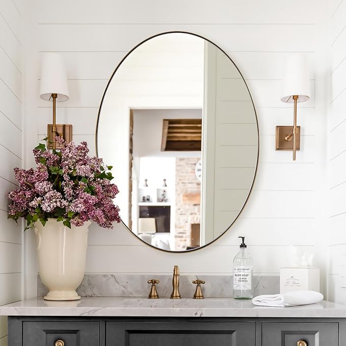 ANDY STAR Gold Oval Mirrors for Bathroom, 24x36 Inch Brushed Gold Stainless Steel Metal Framed Oval Wall Mirror, Modern Vanity Mirror Wall Mount Horizontal or Vertical