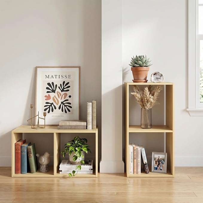 Endearing Limons【2026 Wooden 2 Cube Shelf Storage Organizer with Anti-Tipping Kits + Reversible Open Back Solid Panel Bookcase (11 x 11 Unit Cell Oak)