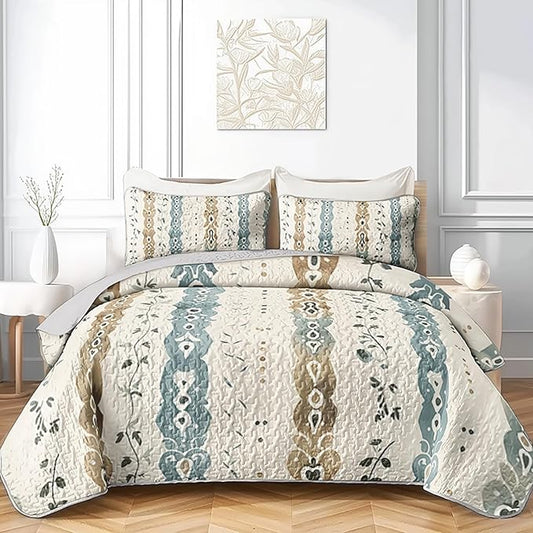 AILONEN Queen Quilted Comforter Set 3 Piece, Ethnic Damask Vertical Bedspread Coverlet 2 Pillowcases, Earthy Teal Brown Bedding Master Bedroom Couples Farmhouse Rustic Chic Medallion Vine