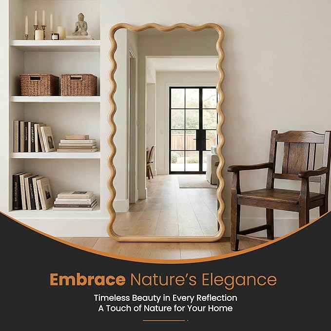 TRAHOME Wavy Mirror for Wall, 55"x28" Boho Wavy Wood Mirror Large Full Length Decorative Mirror with Tempered Glass, Natural Wooden Frame Vanity Mirror for Bedroom, Living Room, Entryway