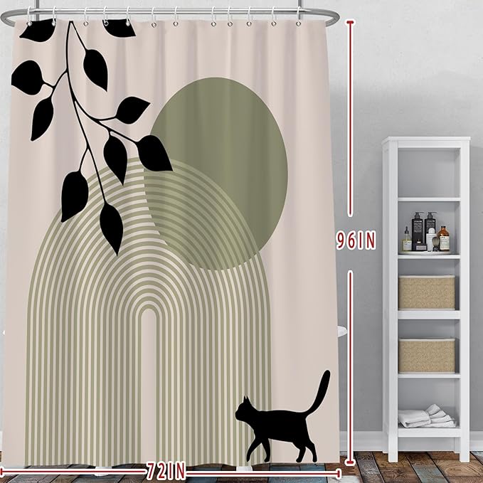 Baocicoo Minimalist Boho Shower Curtain Mid Century Silhouette Cat Botanical Shower Curtain for Bathroom Home Bathtub Living Room Decor Fabric Waterproof Curtain for Bathroom with Hooks 72x96 Inches