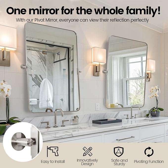MOON MIRROR Brushed Nickel Pivot Mirror for Bathroom, Tilt Rounded Rectangle for Vanity, Overall 26.33 x 30 in (Mirror 22x 30 in)
