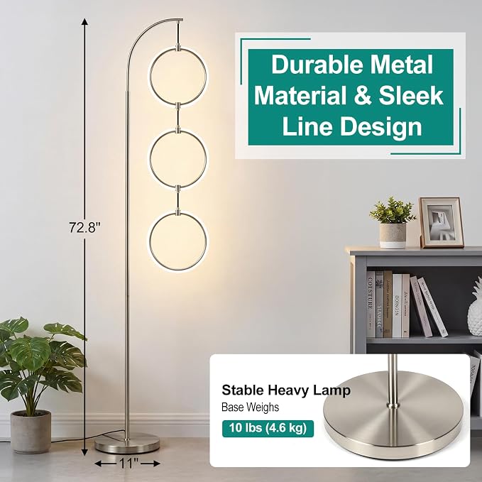 Bairth Silver 3-Light LED Floor Lamp, Modern Arc Floor Lamp for Living Room, Industrial Stepless Dimmable & 3-Way Dimmable Tall Arch Standing Floor Lamp for Reading, Bedroom, Office, Brushed Nickel