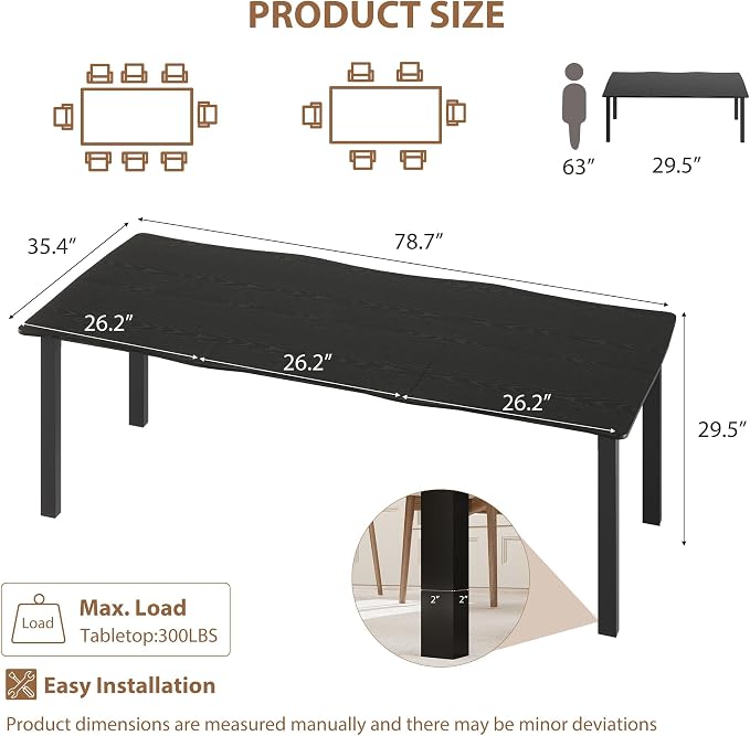 Garvee Dining Room Table for 6-8 People, 79” Dining Table, Rectangular Kitchen Table with Iron Legs, Quick Assembly, 300 Lbs Capacity, for Dining Room, Kitchen and Living Room, Black