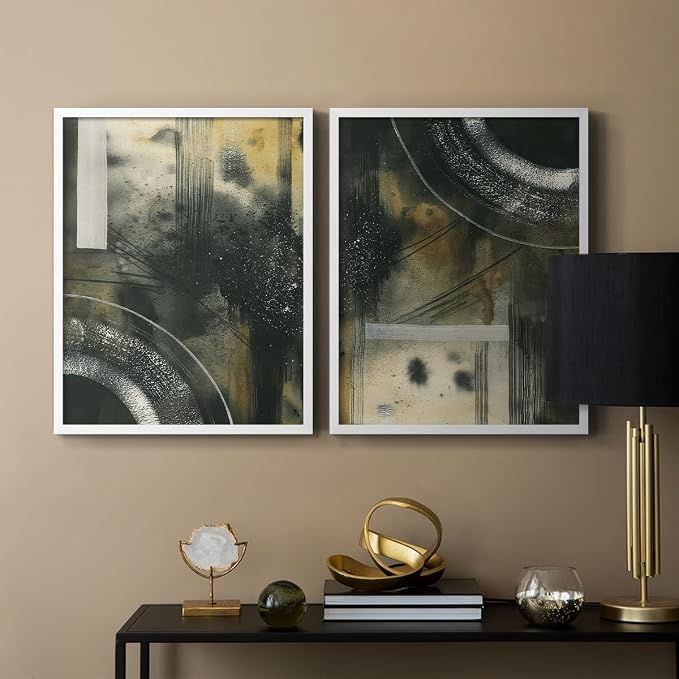 Renditions Gallery Set of 2 Peel & Stick Framed Prints, Moody Abstract Wall Art, Circular and Splattered Effects Wall Decor, Re-Stickable - Ready to Hang - 8"x10" - White Frame LT588