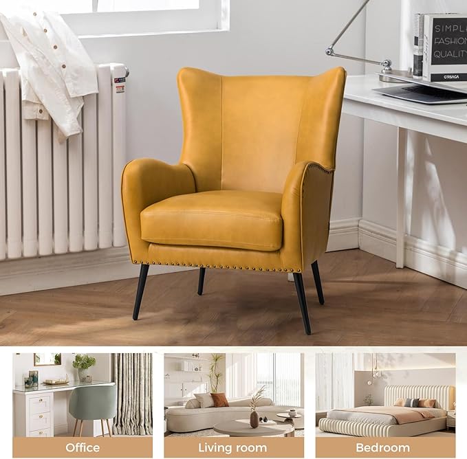 HULALA HOME Faux Leather Accent Chair with Removable Cushion, Comfy Upholstered Armchair with Black Metal Legs & Nailhead Trim Wingback Vanity Chair for Reading Living Room Bedroom, Yellow